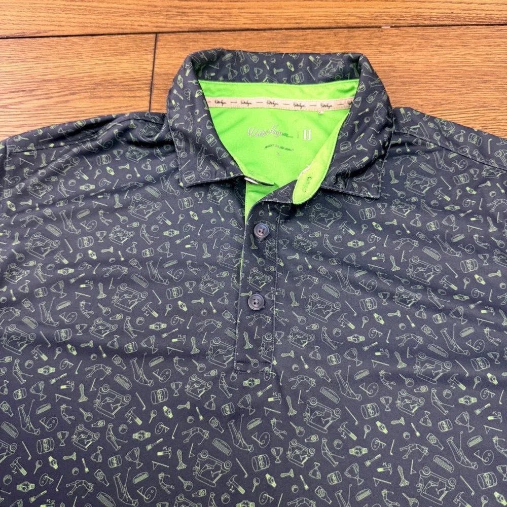 Walter Hagen Mens Navy Blue Lime Green Novelty Golf Print Polo Shirt Large